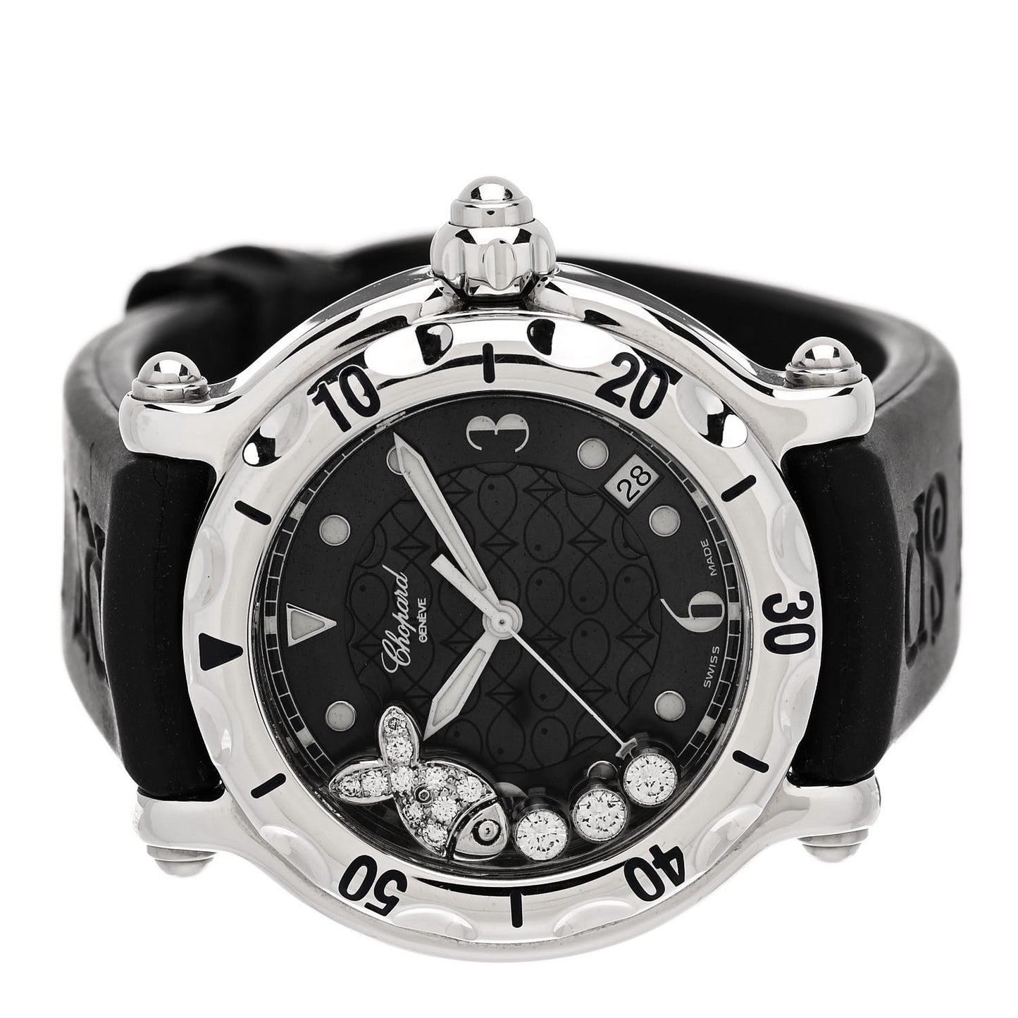 Stainless Steel Rubber Diamond 38mm Happy Sport Fish Quartz Watch Black
