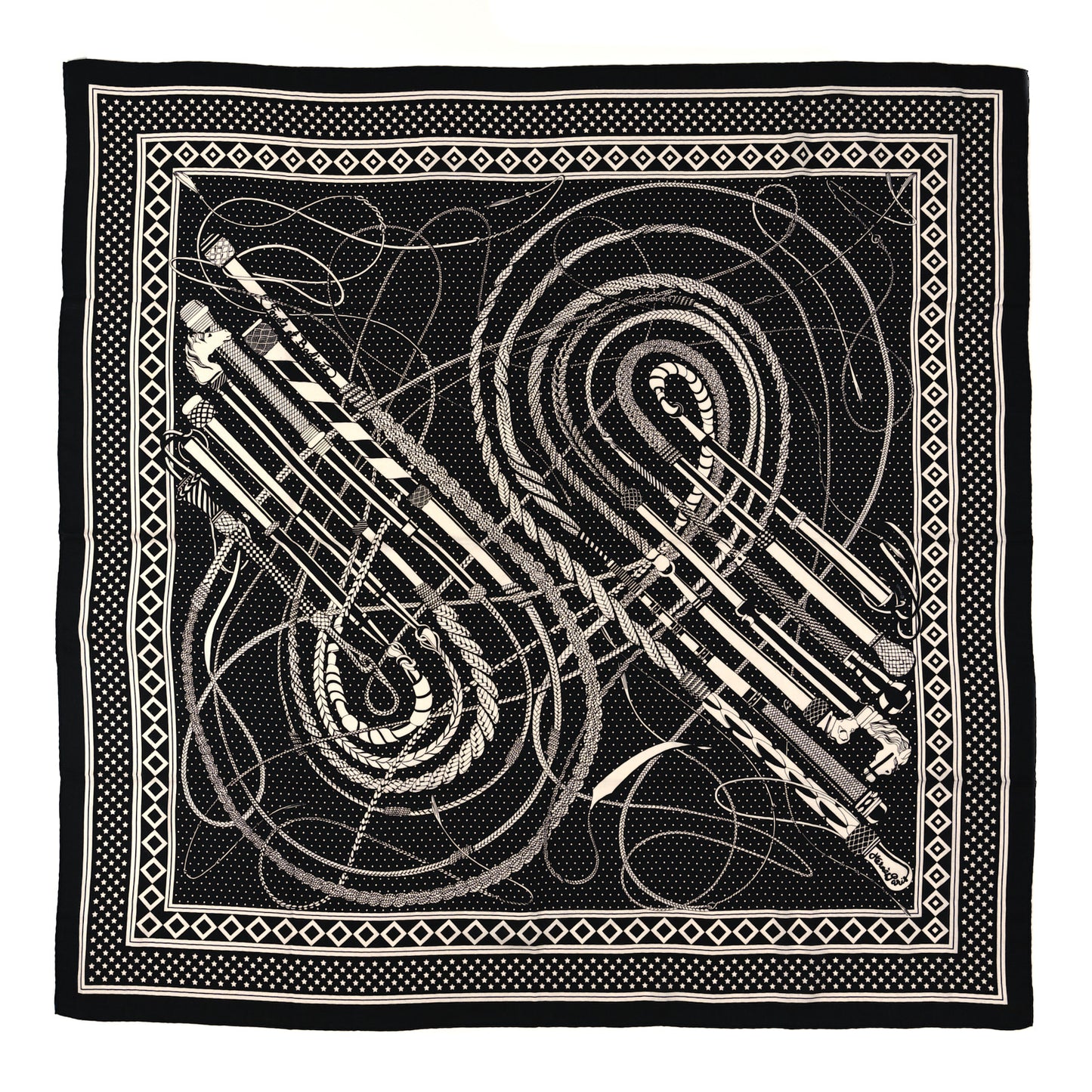 Silk Cashmere Fouets Et Badines Bandana Shawl 140 White Black
