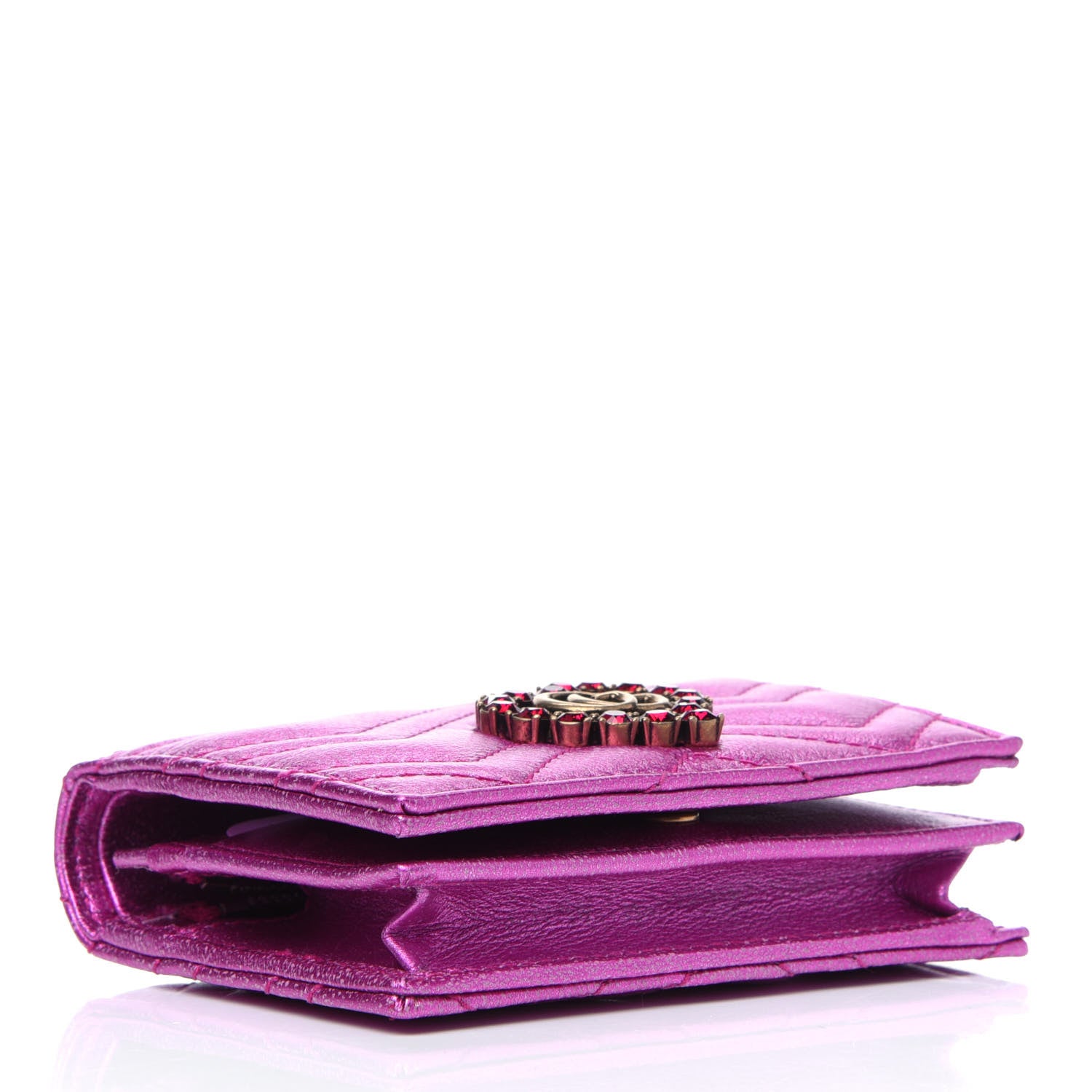 Gucci Metallic Calfskin Matelasse Crystal GG Marmont Wallet Pink 3 of 5