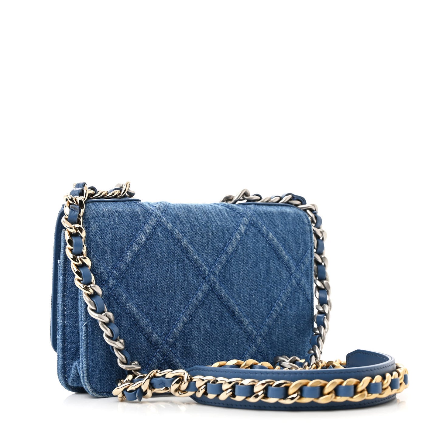 Denim Quilted Chanel 19 Wallet On Chain WOC Blue