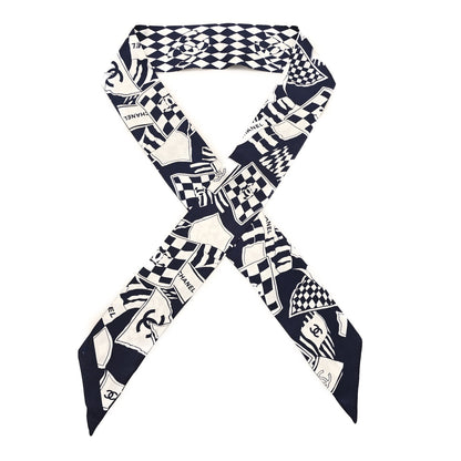 Chanel Silk CC Slim Bandeau Scarf Navy Blue White 1 of 3