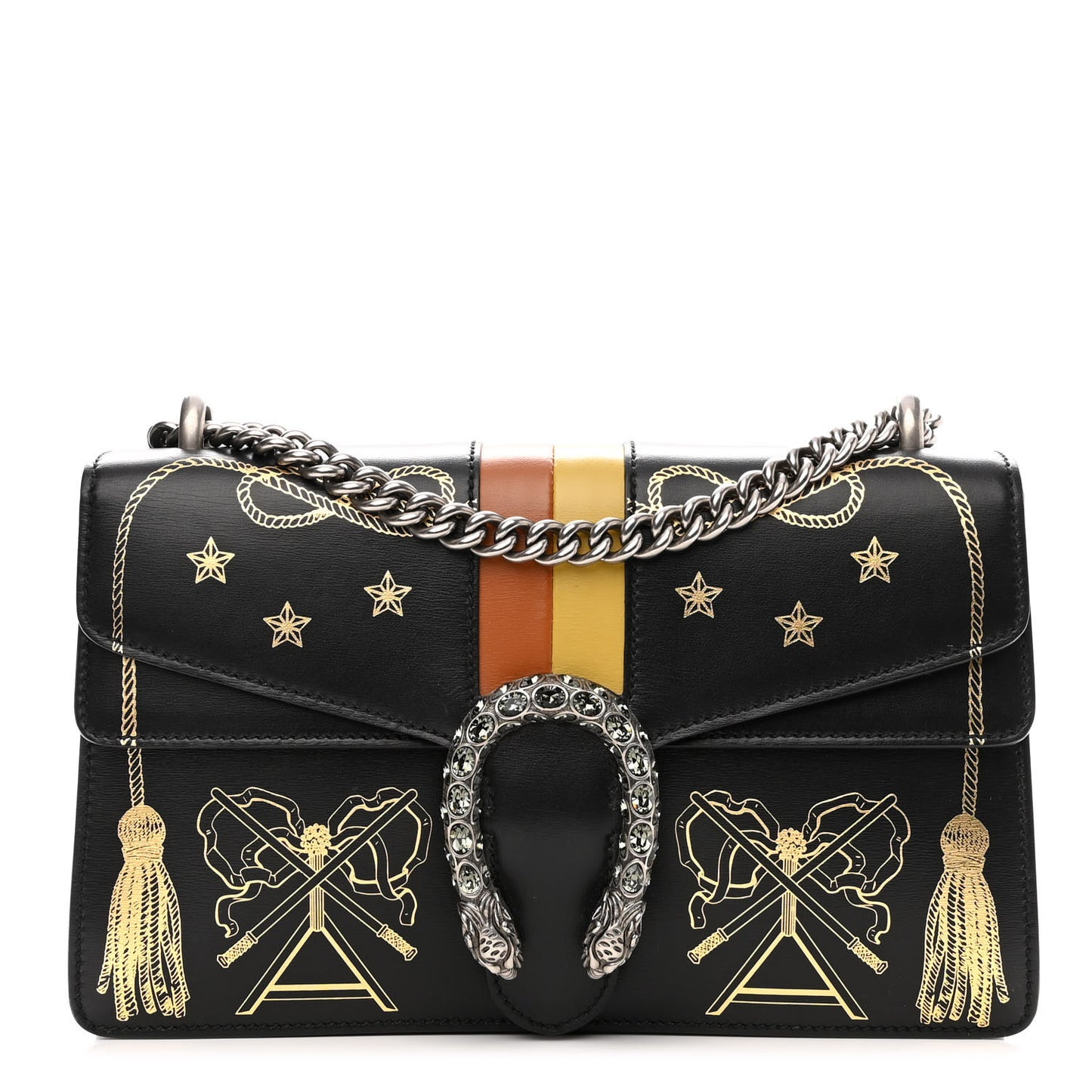 Calfskin Crystal Star Tassel Print Small Dionysus Shoulder Bag Black