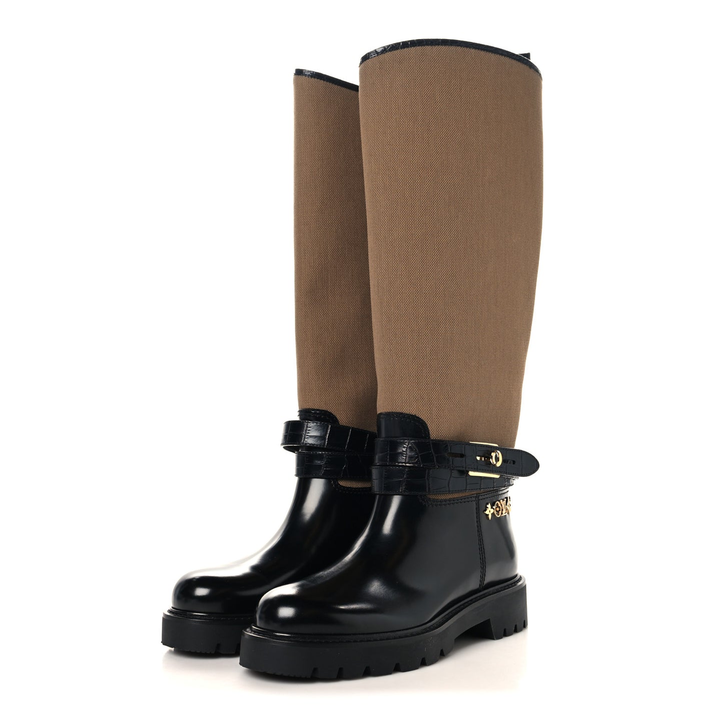 Canvas Calfskin Territory Flat High Ranger Boots 37 Khaki
