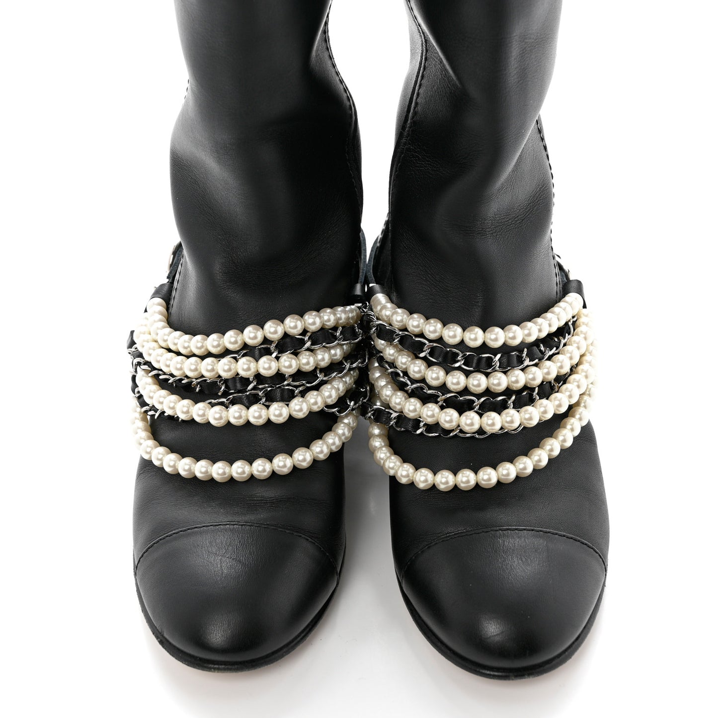Calfskin Pearl Cap Toe High Boots 38 Black