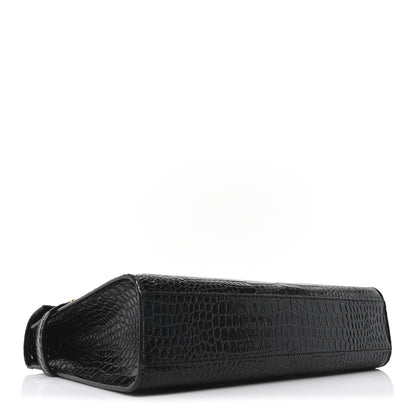 Saint Laurent Shiny Calfskin Crocodile Embossed Manhattan Baguette Black 4 of 10