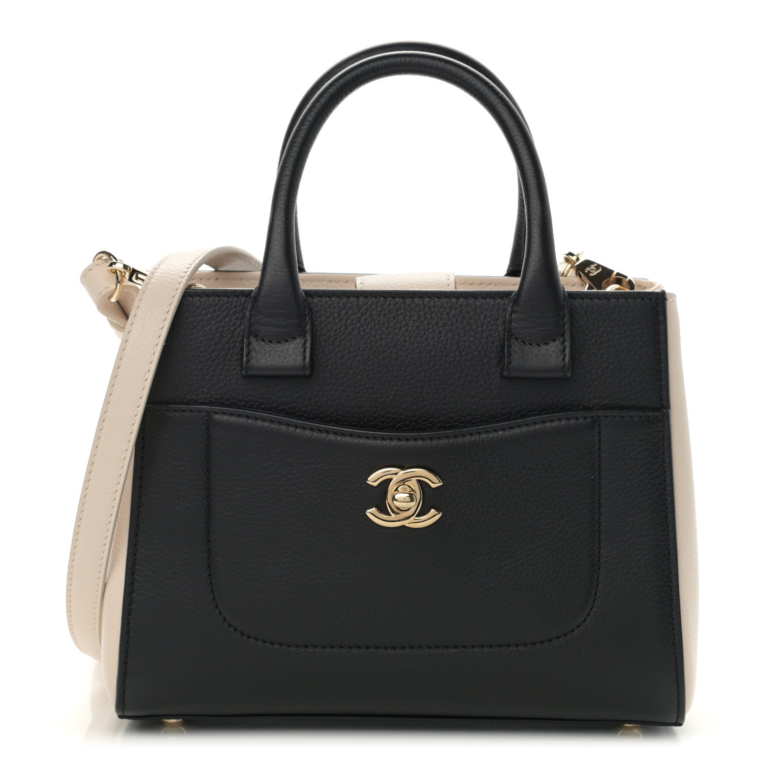 Chanel Grained Calfskin Mini Bi-Color Neo Executive Shopper Tote Black Beige 1 of 10