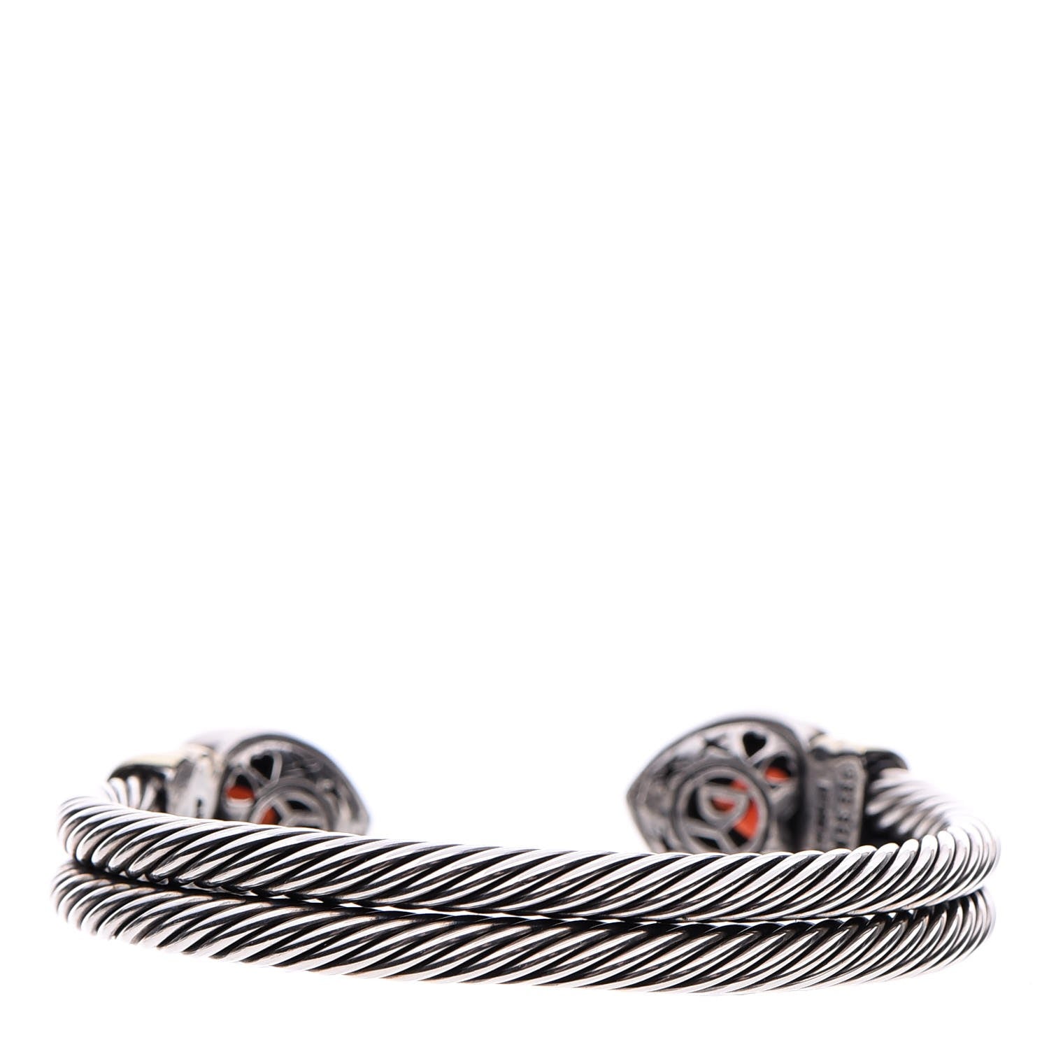 David Yurman Sterling Silver 14K Yellow Gold Garnet Heart Double Cable Cuff Bracelet 3 of 5