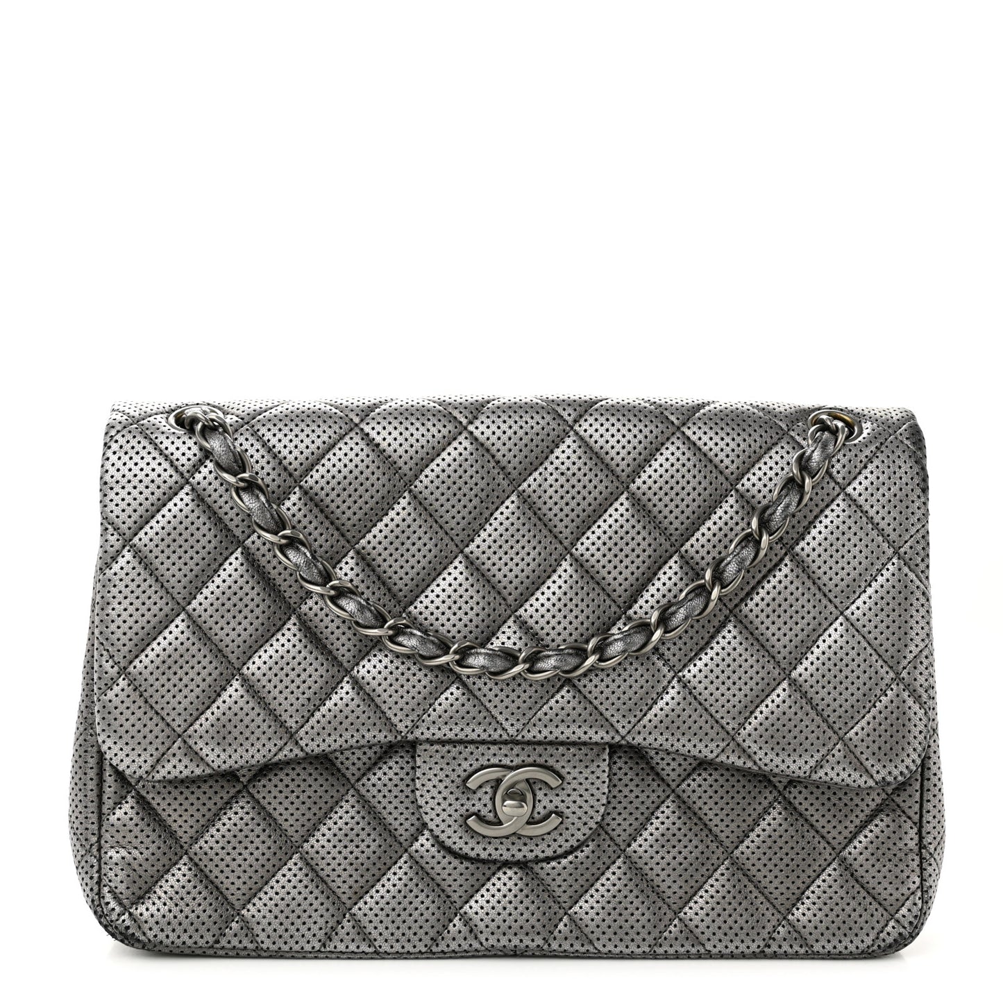 Metallic Perforated Lambskin Quilted Jumbo Double Flap Dark Silver