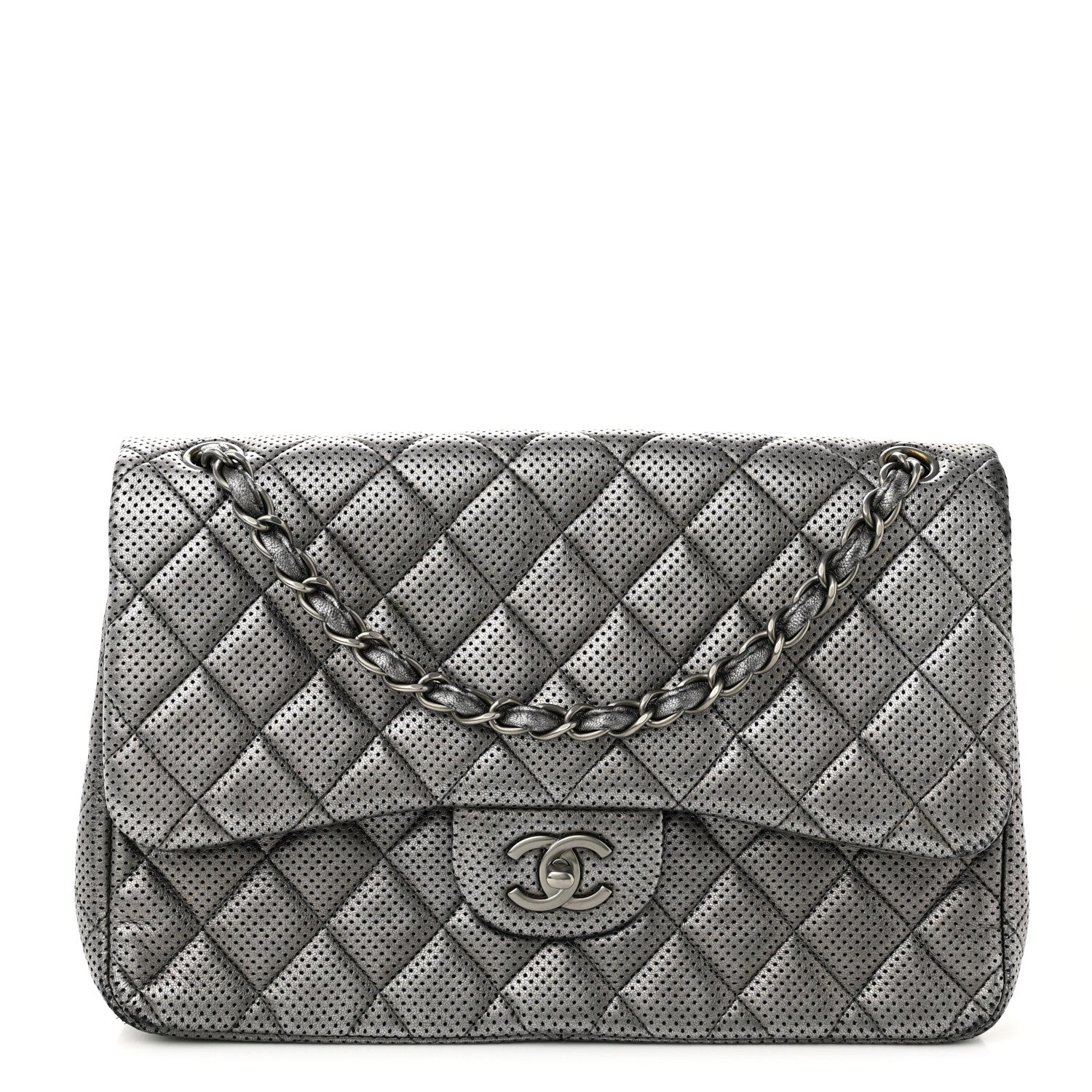 Chanel Metallic Perforated Lambskin Quilted Jumbo Double Flap Dark Silver 1 of 16