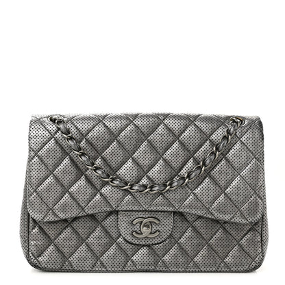 Chanel Metallic Perforated Lambskin Quilted Jumbo Double Flap Dark Silver 1 of 16