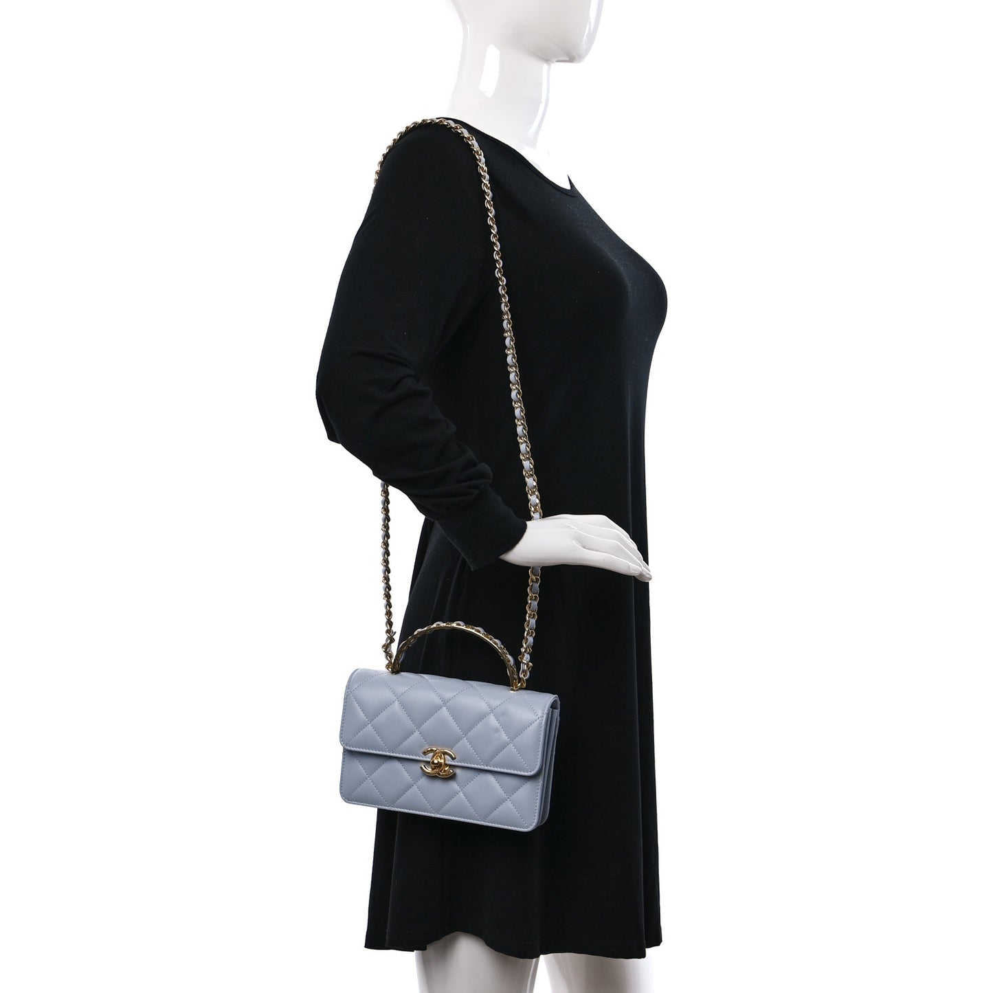 Shiny Calfskin Quilted Mini Threaded Top Handle Flap Gris