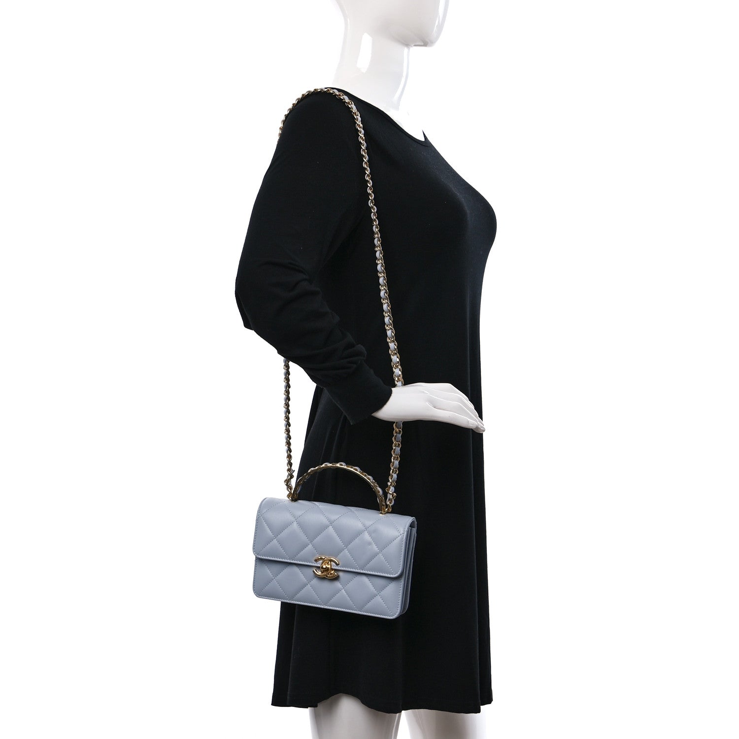 Chanel Shiny Calfskin Quilted Mini Threaded Top Handle Flap Gris 2 of 11