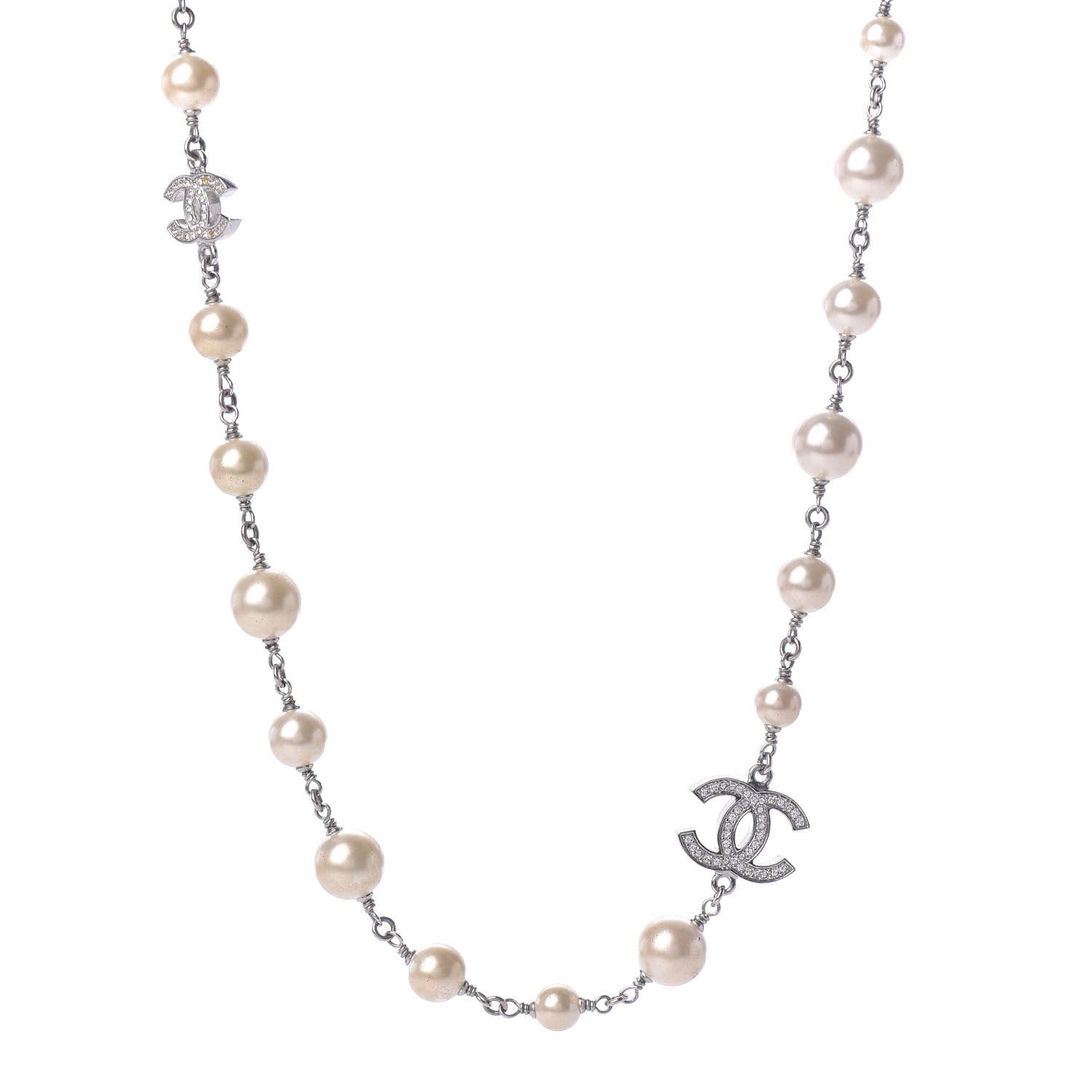 Chanel Crystal Pearl CC Long Necklace Silver 1 of 9