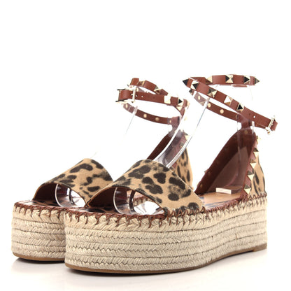 Valentino Garavani Canvas Leopard Print Rockstud Ankle Wrap Espadrille Flatform Sandals 38 Brown 3 of 11