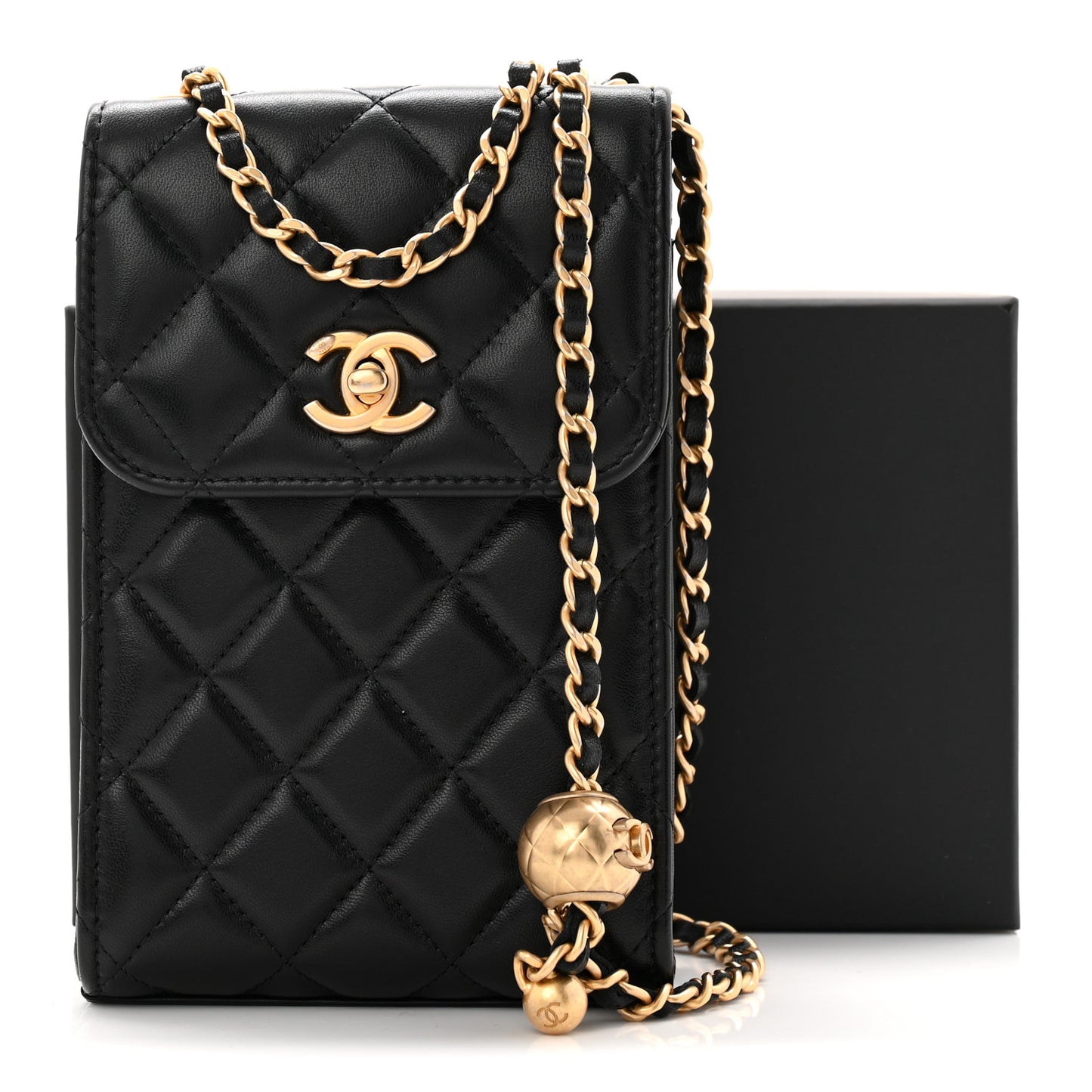 Lambskin Quilted Vertical Pearl Crush Flap With Chain Black