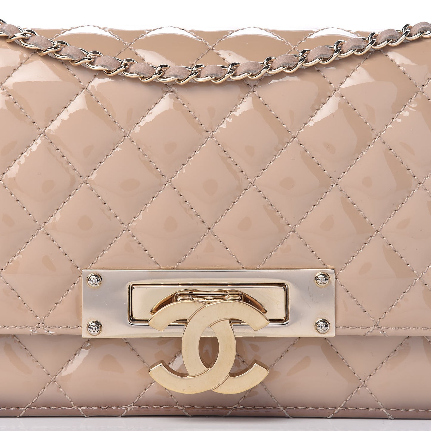 Patent Quilted Golden Class Wallet on Chain WOC Light Beige