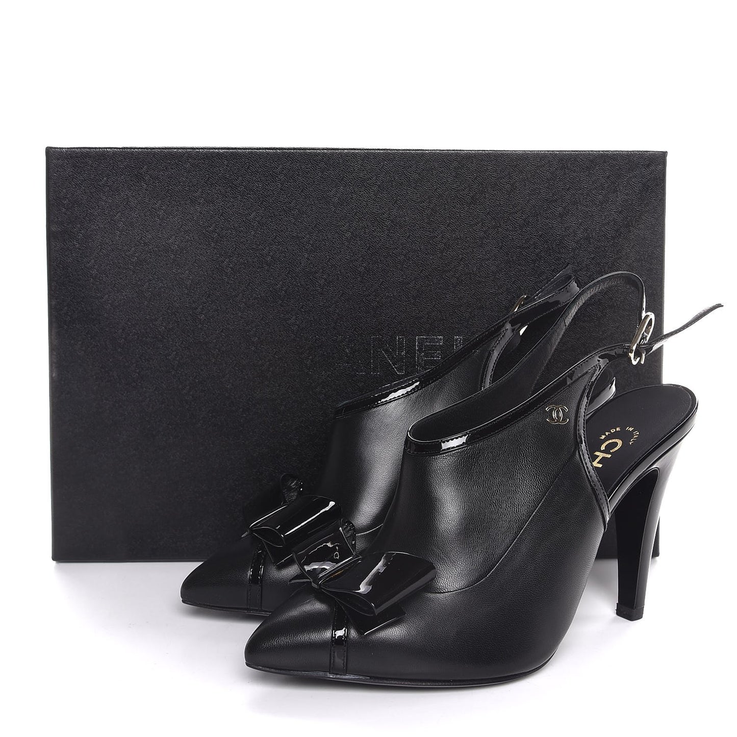 Patent Lambskin CC Bow Slingback Pumps 35.5 Black