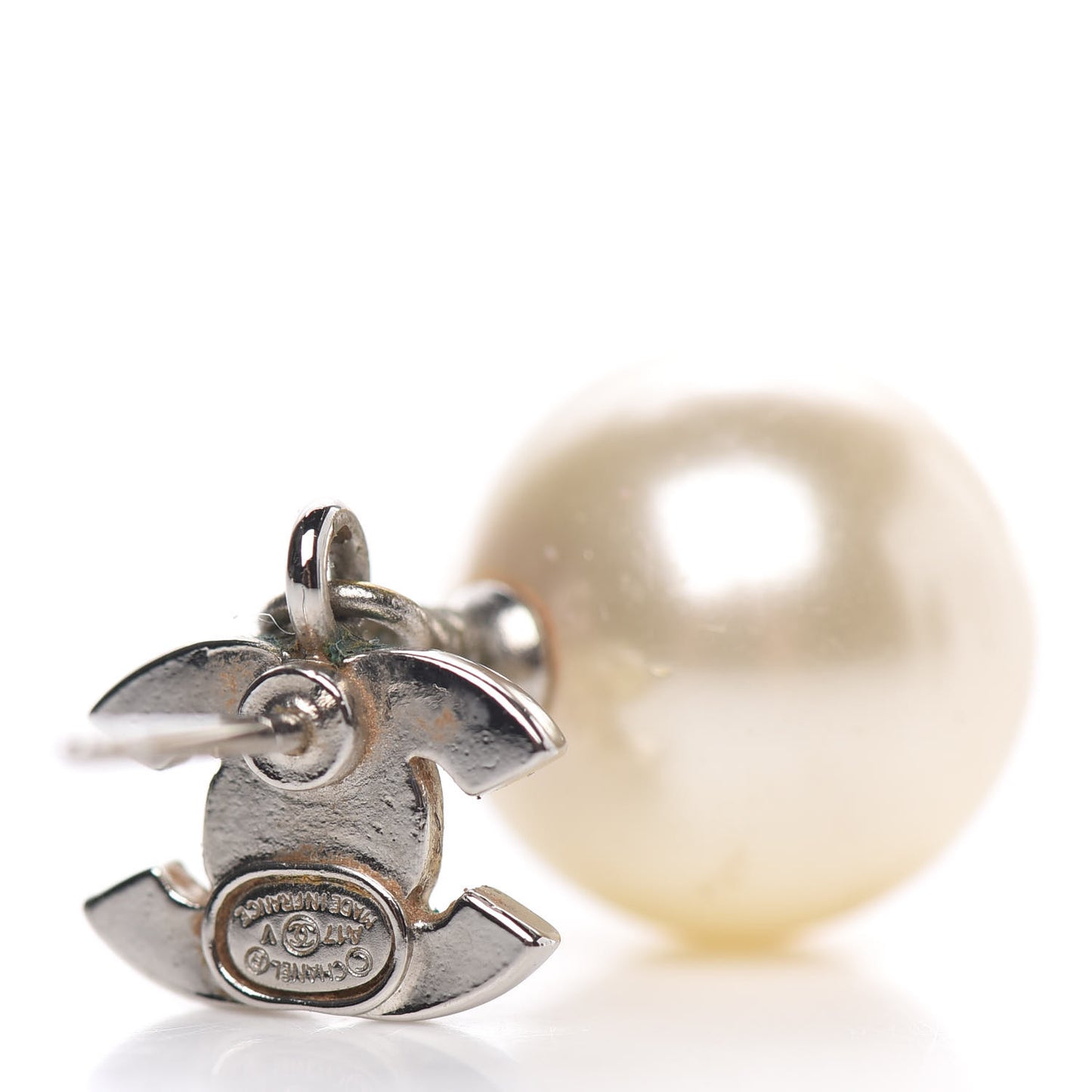 Crystal Pearl CC Drop Earrings Silver