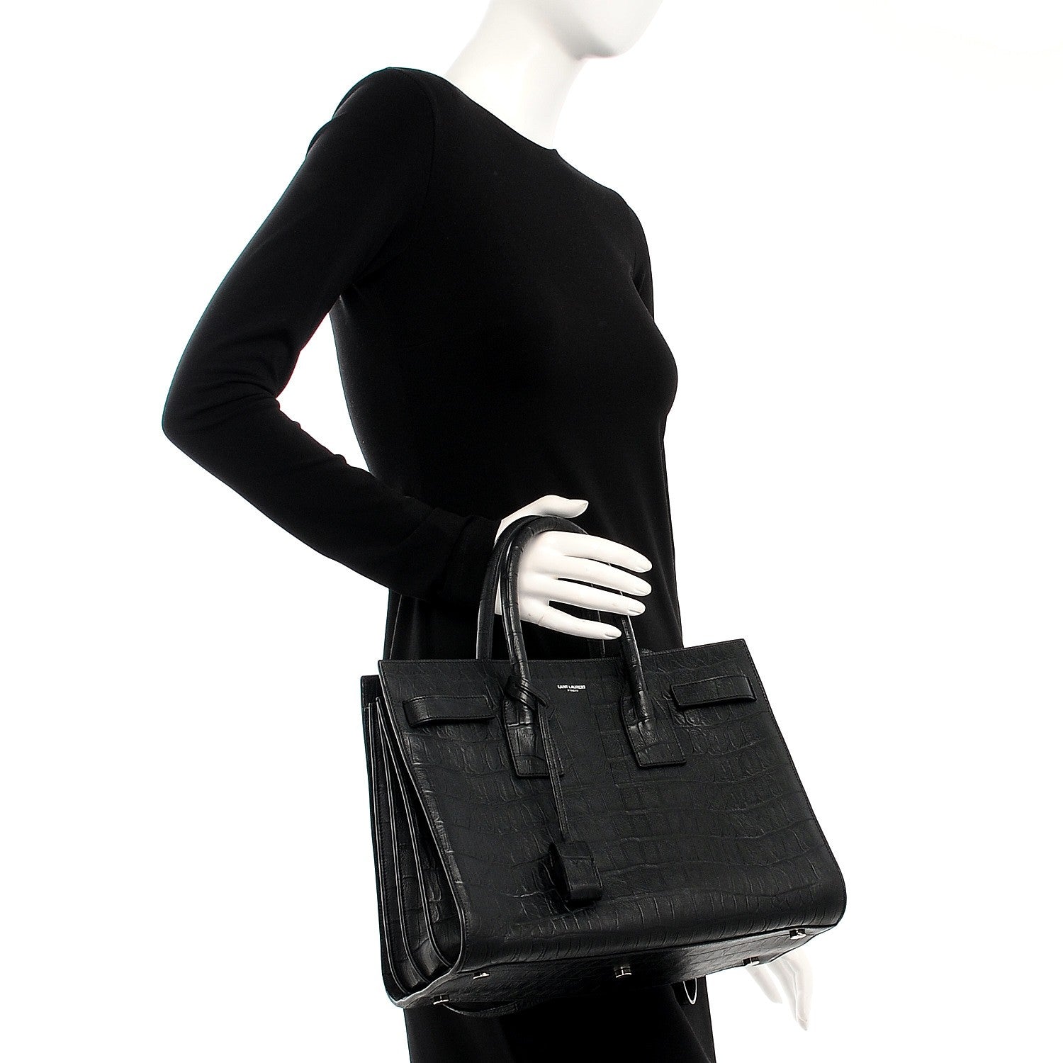 Saint Laurent Calfskin Crocodile Embossed Small Sac de Jour Black 3 of 13
