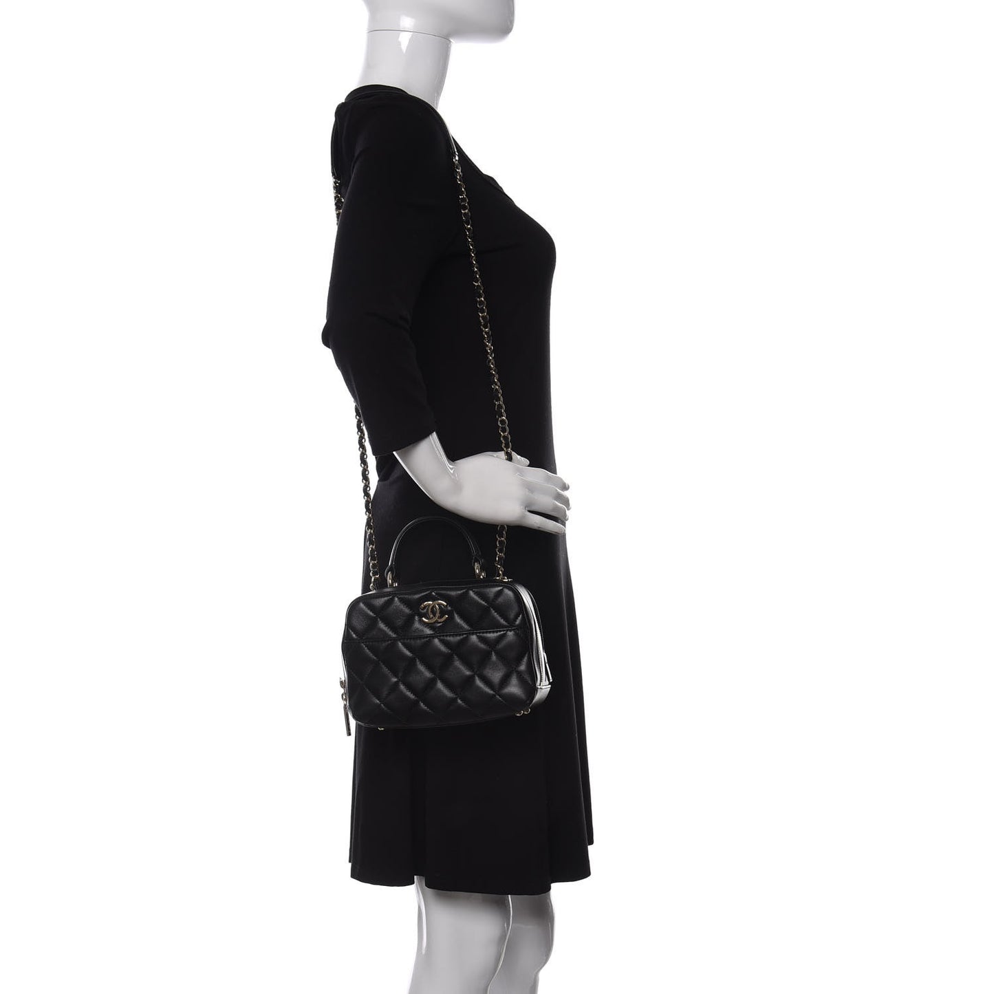Lambskin Quilted Small Trendy CC Bowling Bag Black