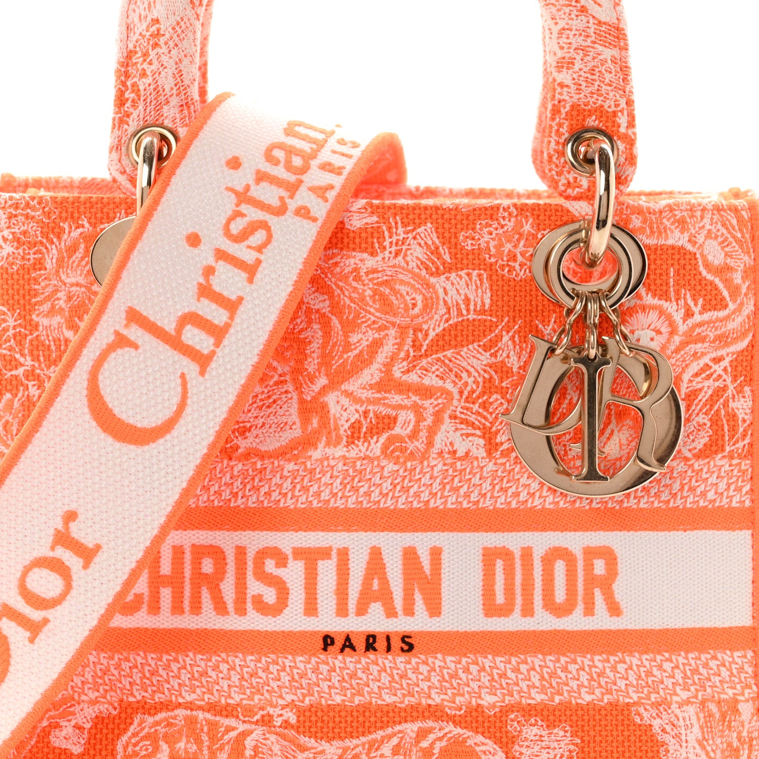 Christian Dior Canvas Toile De Jouy Reverse Embroidered Medium Lady D-Lite Fluorescent Orange 8 of 10