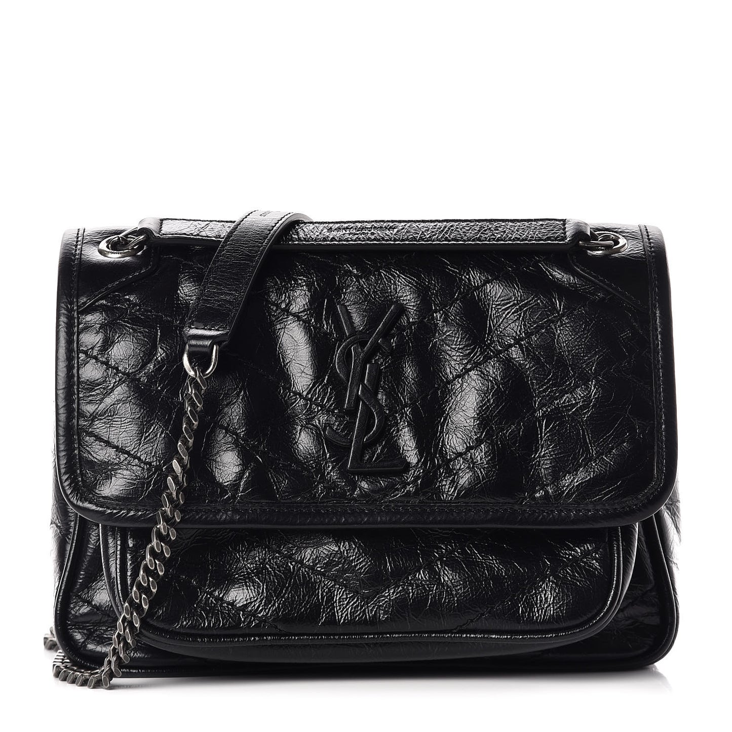 Crinkled Calfskin Matelasse Monogram Baby Niki Chain Satchel Black