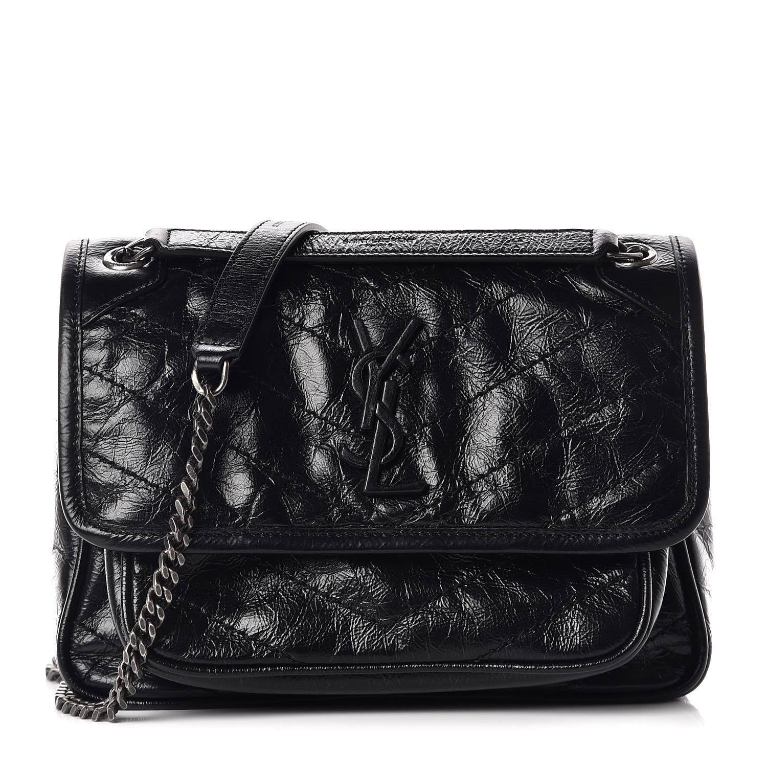 Saint Laurent Crinkled Calfskin Matelasse Monogram Baby Niki Chain Satchel Black 1 of 9