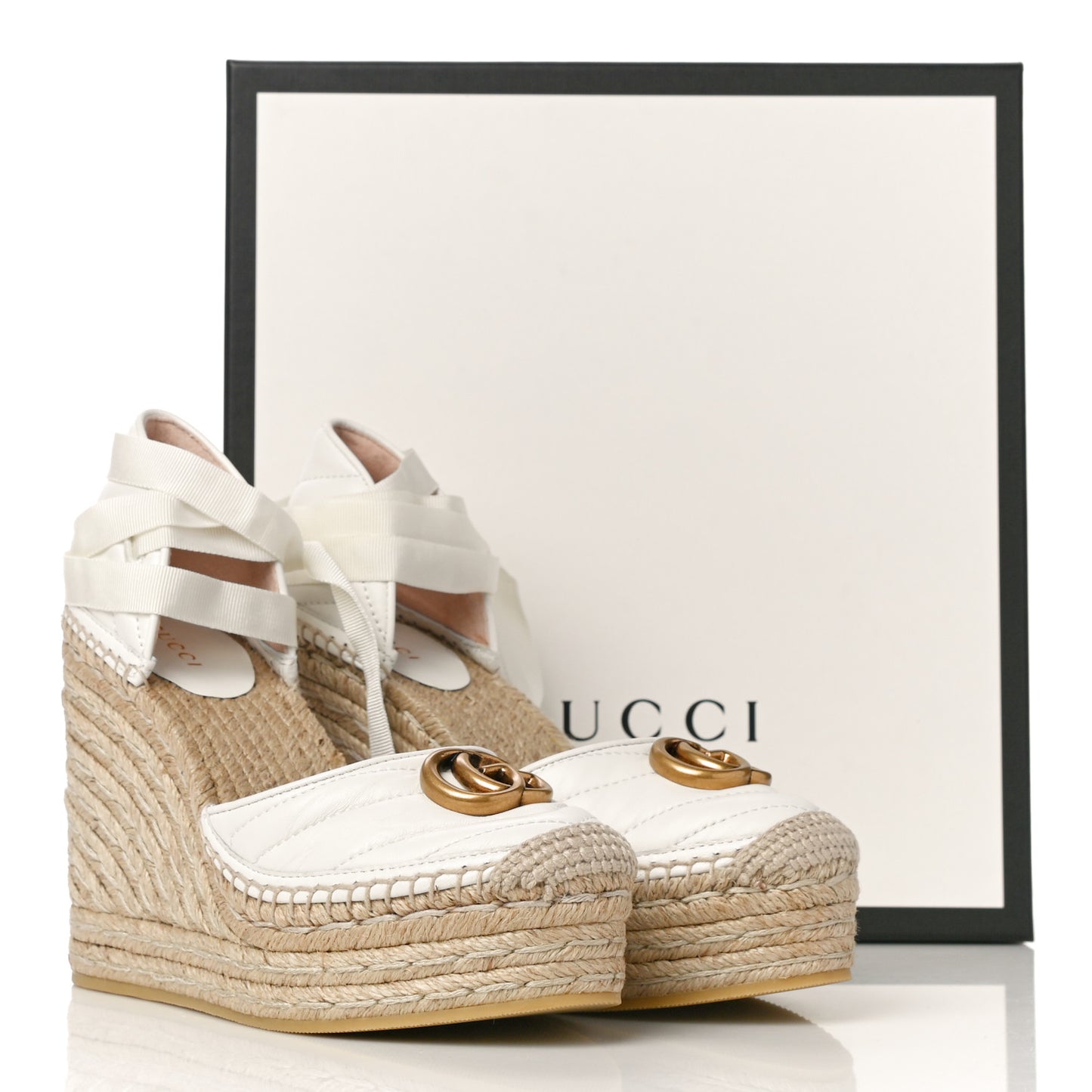 Nappa Matelasse GG Marmont Ankle Wrap Platform 35/120mm Espadrille Wedges 38.5 Great White