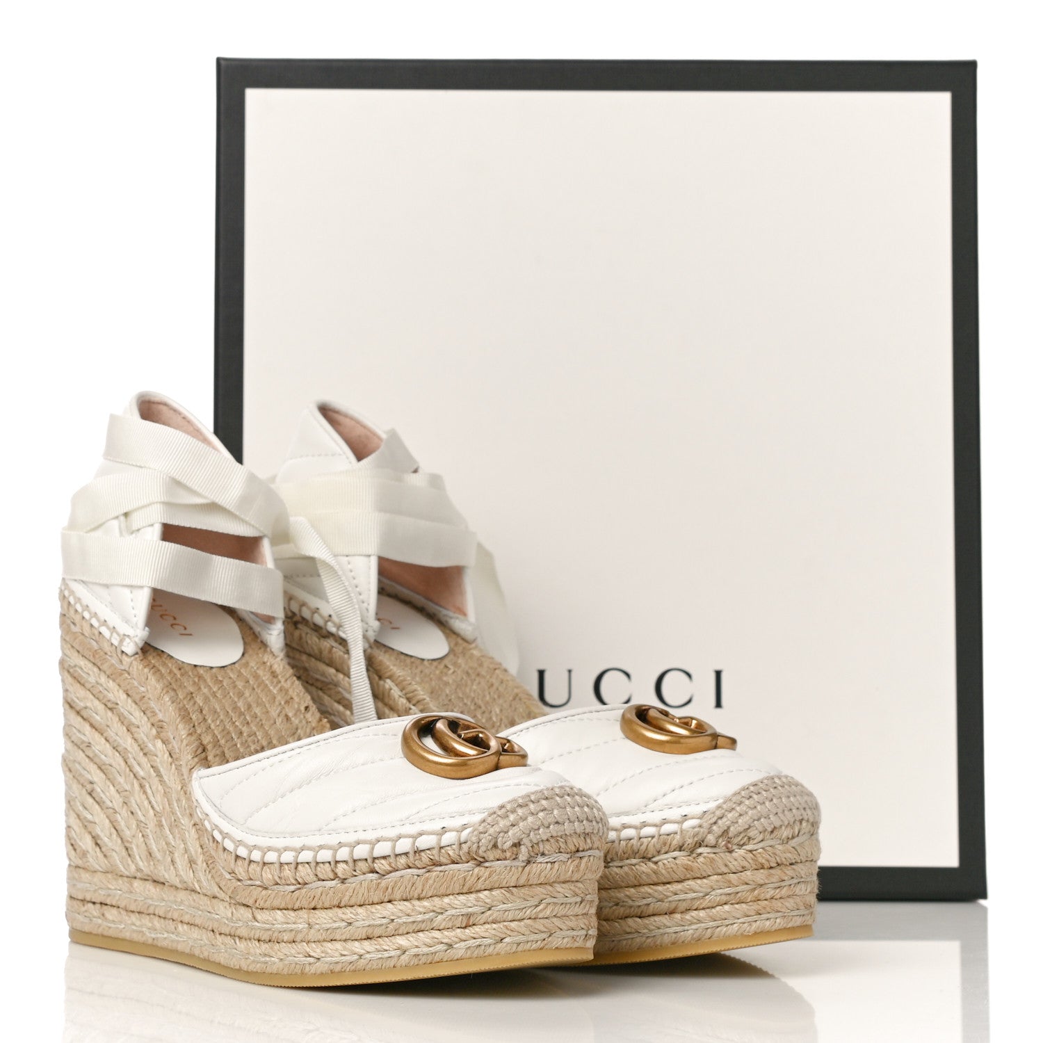 Gucci Nappa Matelasse GG Marmont Ankle Wrap Platform 35/120mm Espadrille Wedges 38.5 Great White 9 of 9