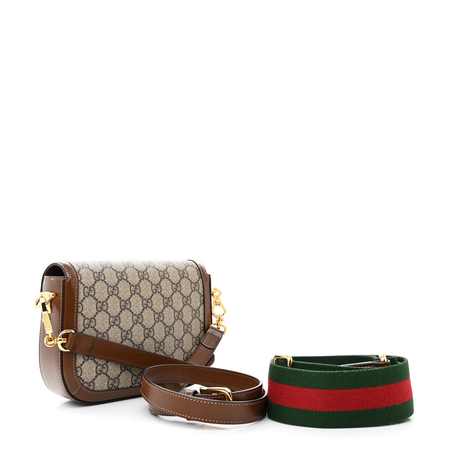 GG Supreme Monogram Azalea Calfskin Web Mini Horsebit 1955 Shoulder Bag Beige Ebony Brown Sugar