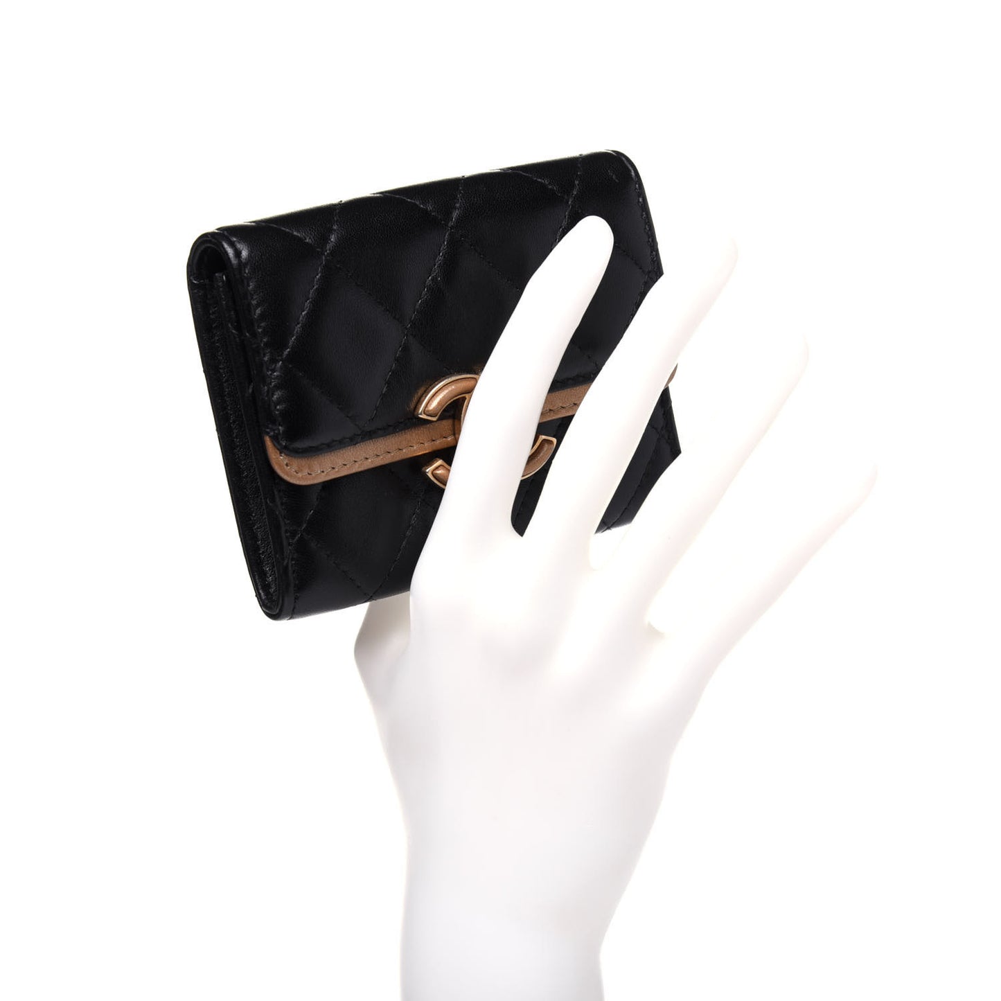 Lambskin Quilted CC Chic Flap Card Holder Black Gold