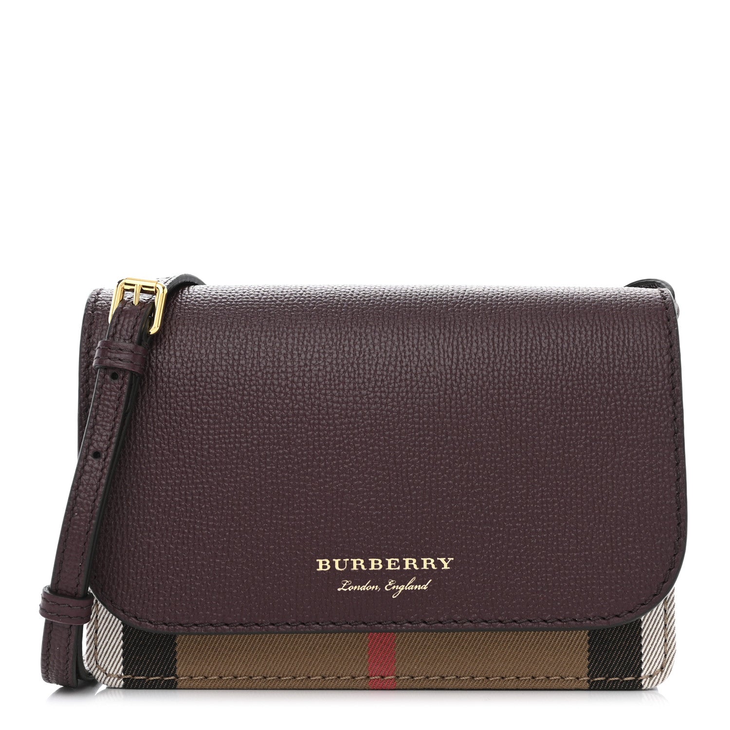 Burberry Grained Calfskin House Check Tartan Mix Hampshire Wallet On Chain Burgundy 1 of 9