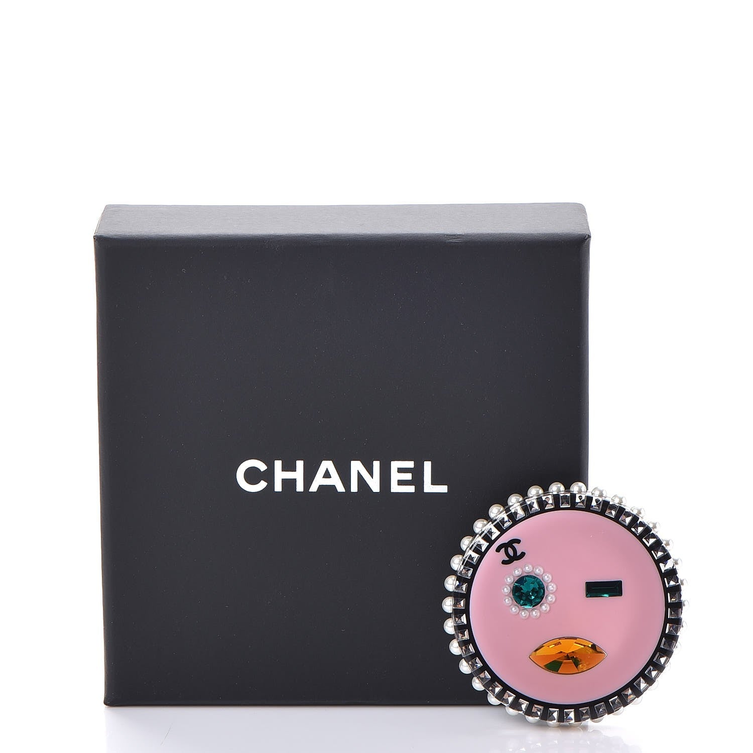 Chanel Metal Resin Pearl Emoji Brooch Silver Pink 5 of 5
