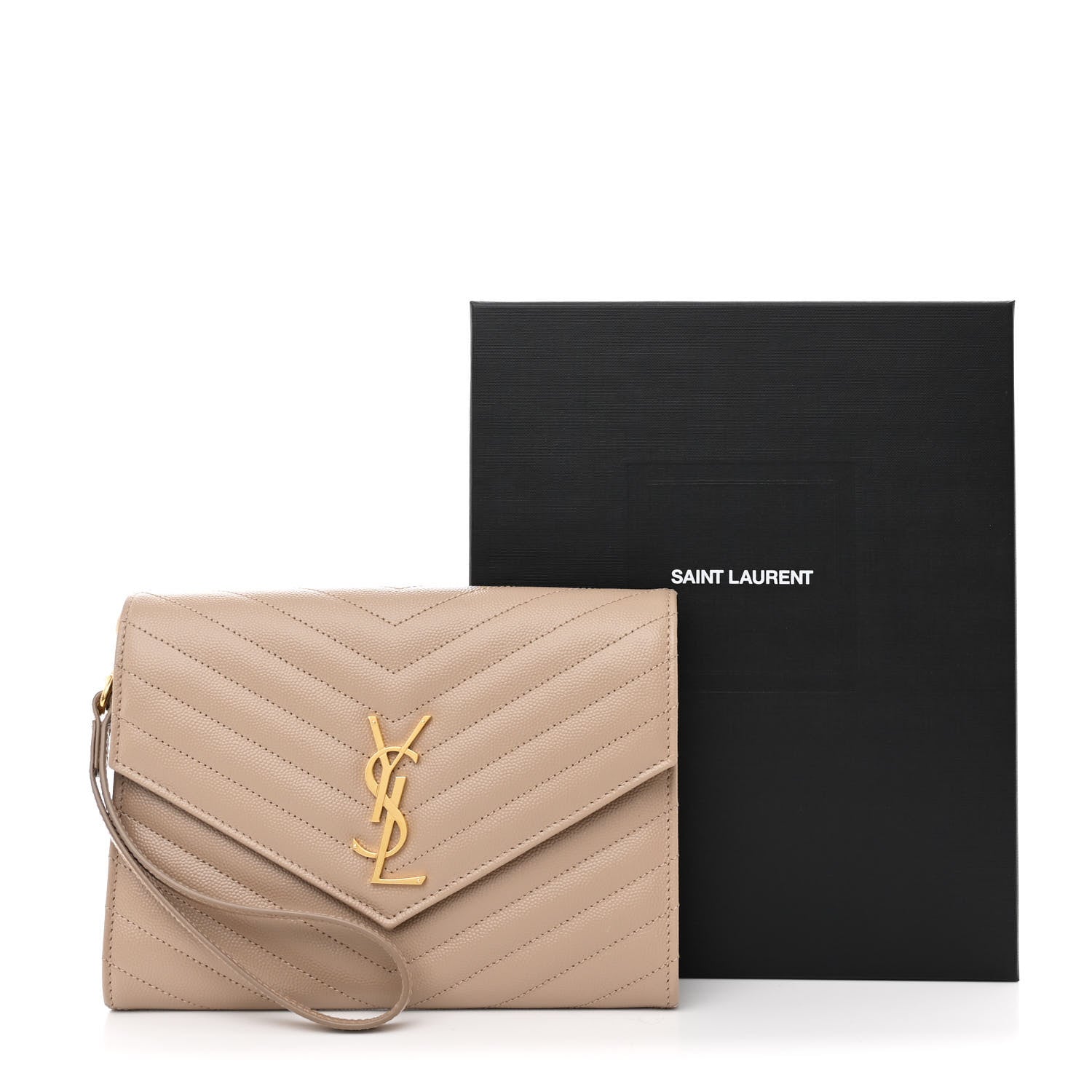 Saint Laurent Grain De Poudre Matelasse Chevron Monogram Envelope Clutch Dark Beige 8 of 8