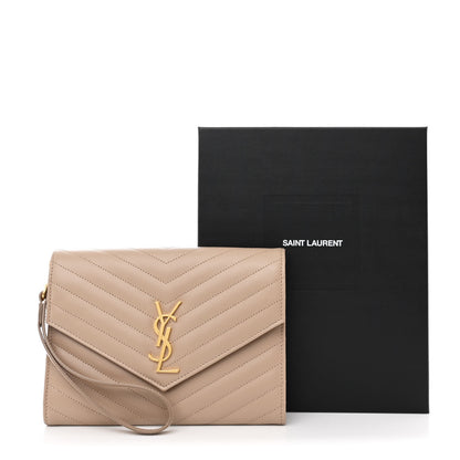 Saint Laurent Grain De Poudre Matelasse Chevron Monogram Envelope Clutch Dark Beige 8 of 8