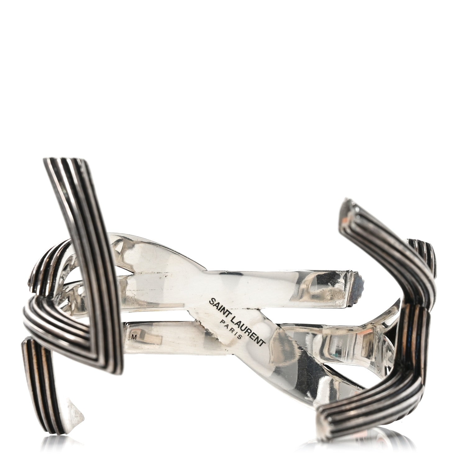 Saint Laurent Brass Monogram Textured Medium Cuff Bracelet Argent Oxyde 3 of 4