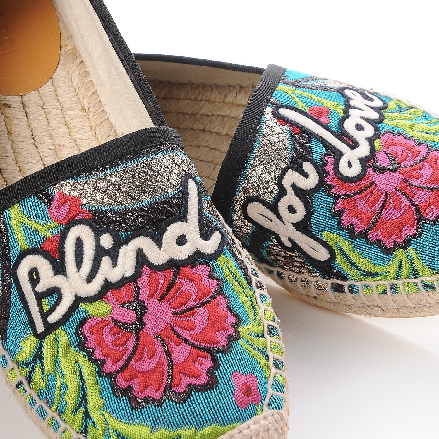 Gucci Tapestry Brocade Blind For Love Espadrilles 38 Acquamarine Green Black 8 of 9