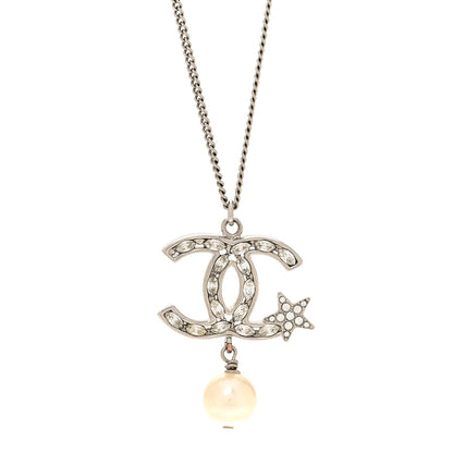Chanel Crystal CC Star Pearl Drop Necklace Silver 4 of 5