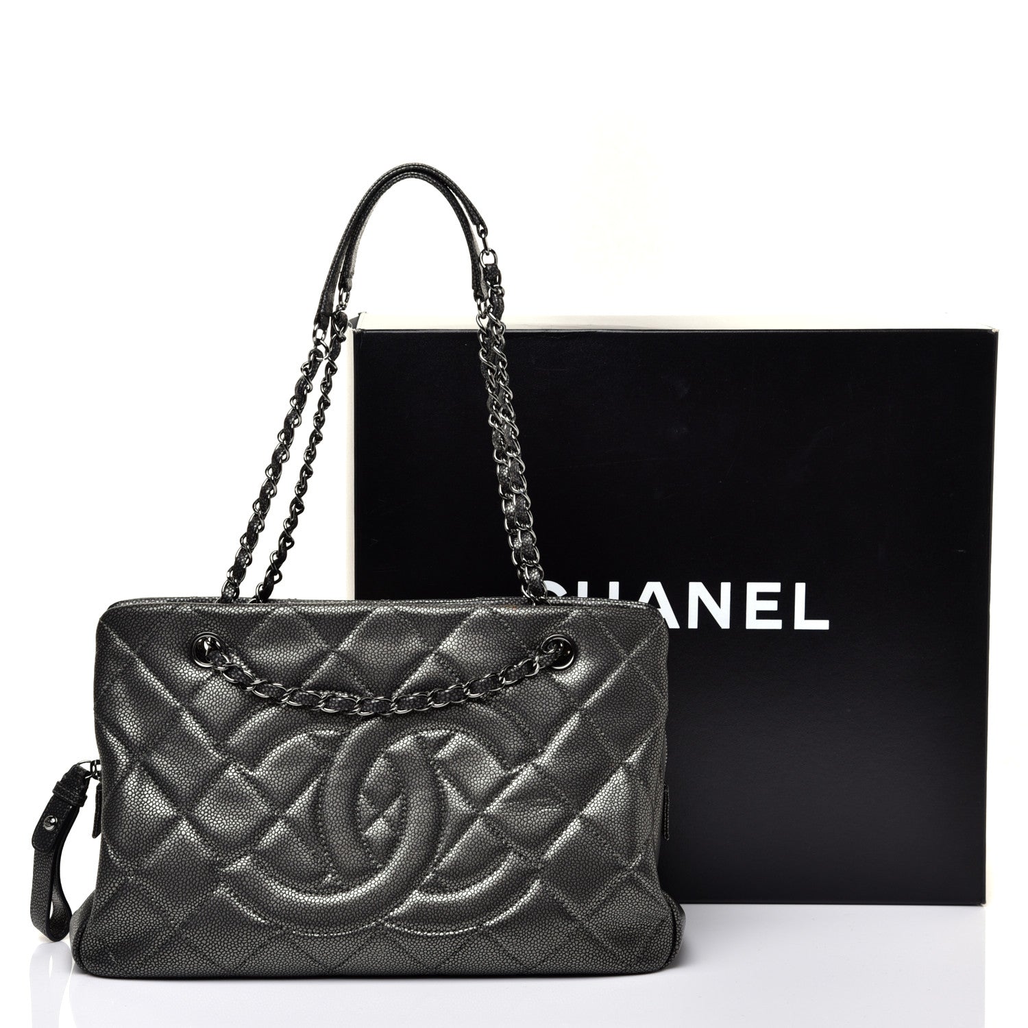 Chanel Metallic Caviar Quilted CC Tote Dark Silver 22 of 22
