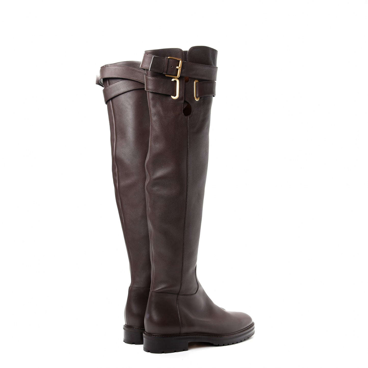 Calfskin Knee High Buckle Boots 40 Brown