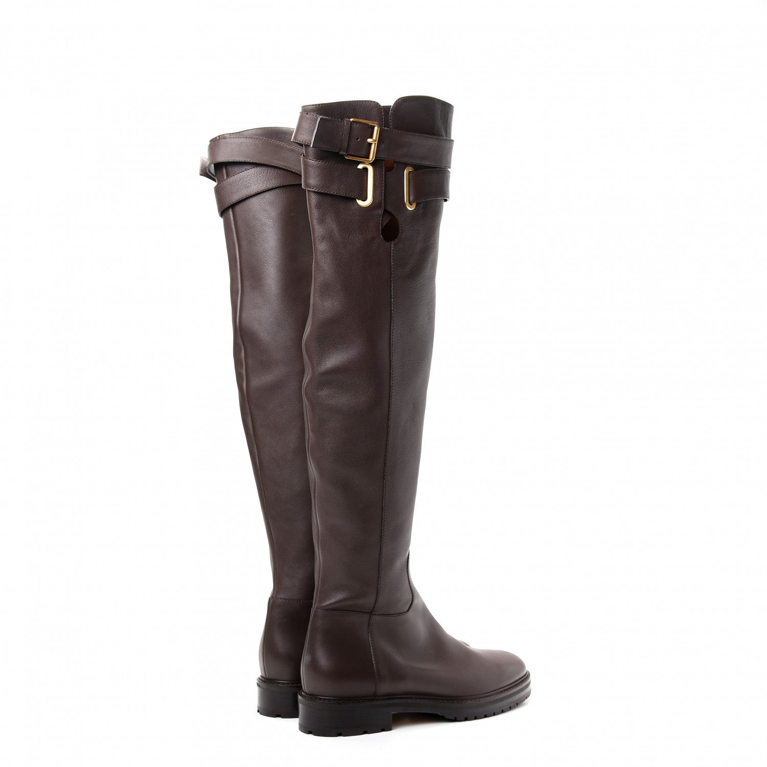Valentino Garavani Calfskin Knee High Buckle Boots 40 Brown 4 of 13