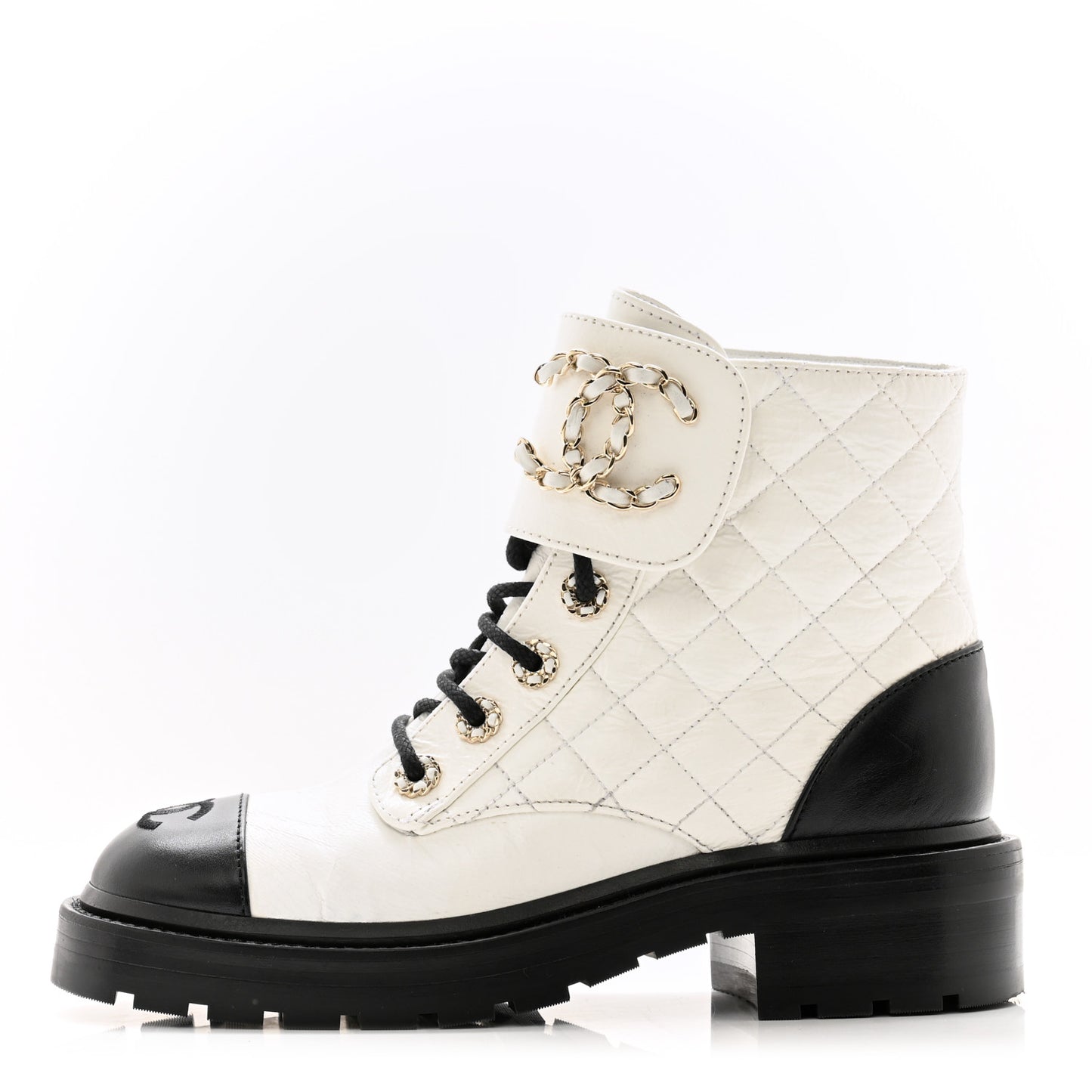 Shiny Goatskin Calfskin Quilted Lace Up Combat Boots 36 White Black