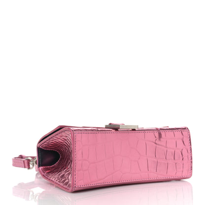 Balenciaga Metallic Shiny Calfskin Crocodile Embossed Hourglass Top Handle Bag XS Pink 4 of 8
