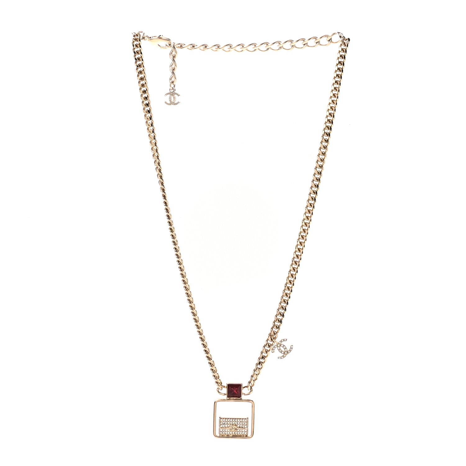 Chanel Metal Crystal Quilted Flap Bag Necklace Red Gold 3 of 7