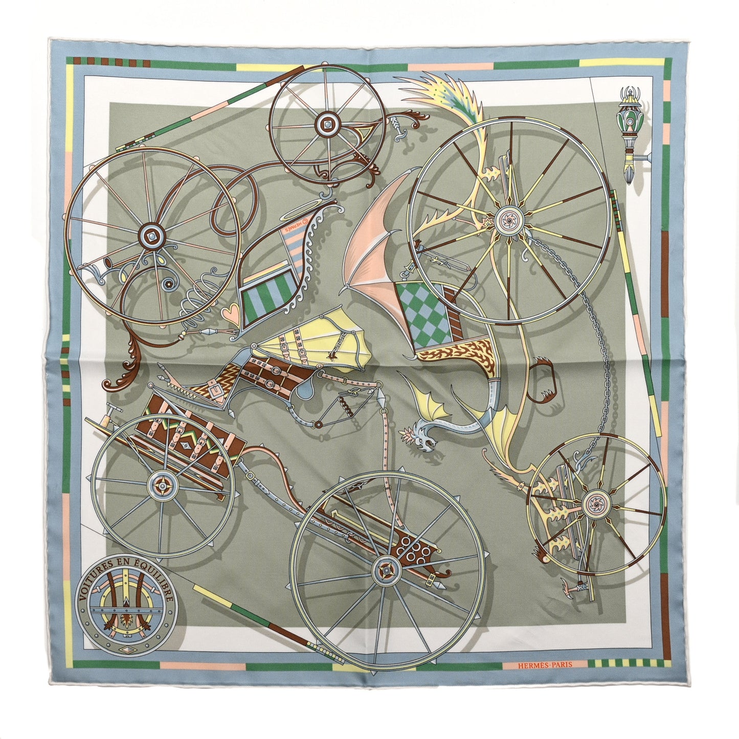 Silk Voitures en Equilibre Scarf 45 Vert Amande Bleu Glacier Jaune