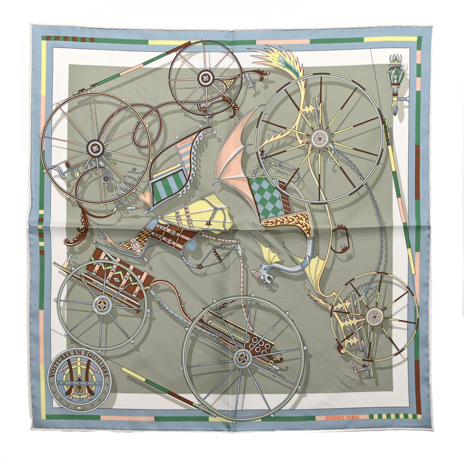 Hermes Silk Voitures en Equilibre Scarf 45 Vert Amande Bleu Glacier Jaune 1 of 5