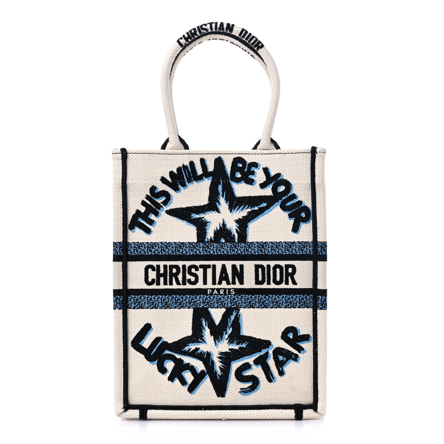 Canvas Embroidered Vertical Lucky Star Book Tote White Multicolor