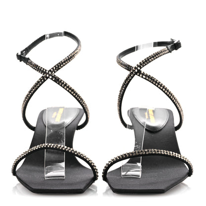 Saint Laurent Crepe Satin Strass Baliqua 55 Ankle Strap Sandals 37 Black Greige 3 of 11