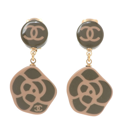 Chanel Resin Camellia CC Drop Clip On Earrings Beige Green 1 of 3