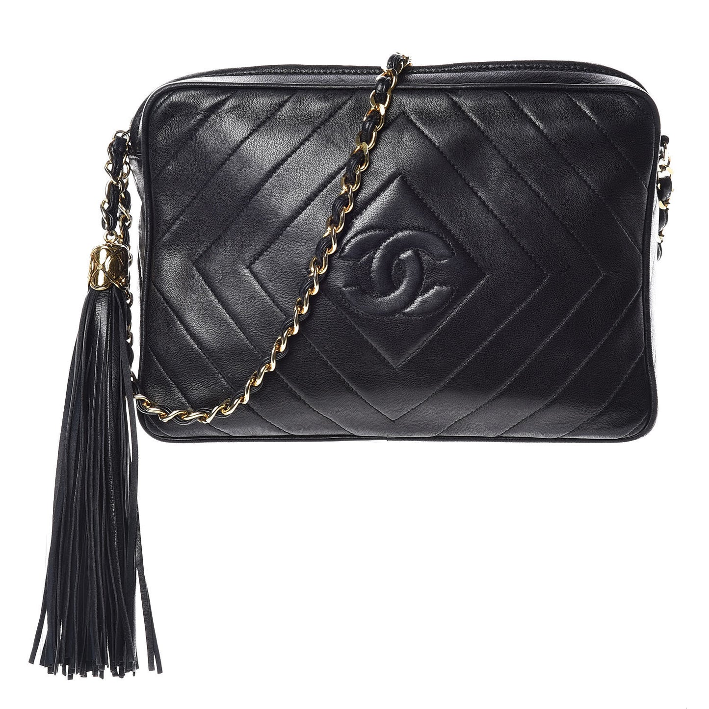 Lambskin Chevron Quilted Tassel Camera Case Black